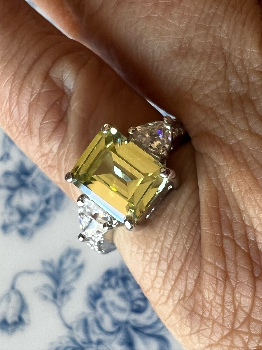 Yellow Sapphire Statement Ring Silver Emerald Cut CZ Halo Band Size 5.25 5.5